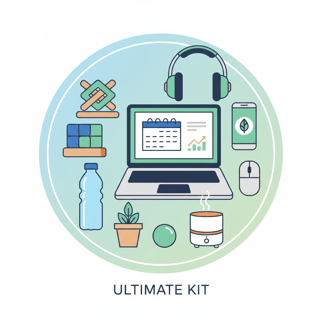 Ultimate Productivity & Wellness Kit as an icon, include a workstation setting with tech gadgets, brain teasers and wellness items